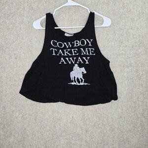 Body Central Womens Tank Top Black "Cowboy Take Me Away" Graphic Flowy Cropped